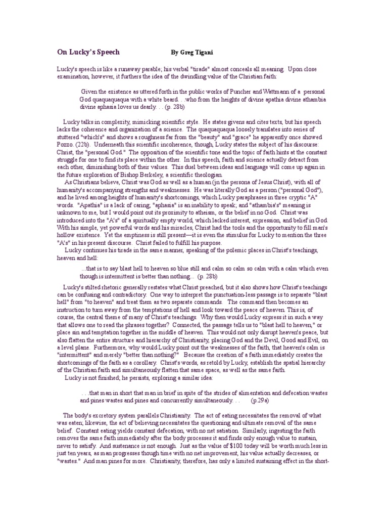 An examination of luckys speech lucky in waiting for godot